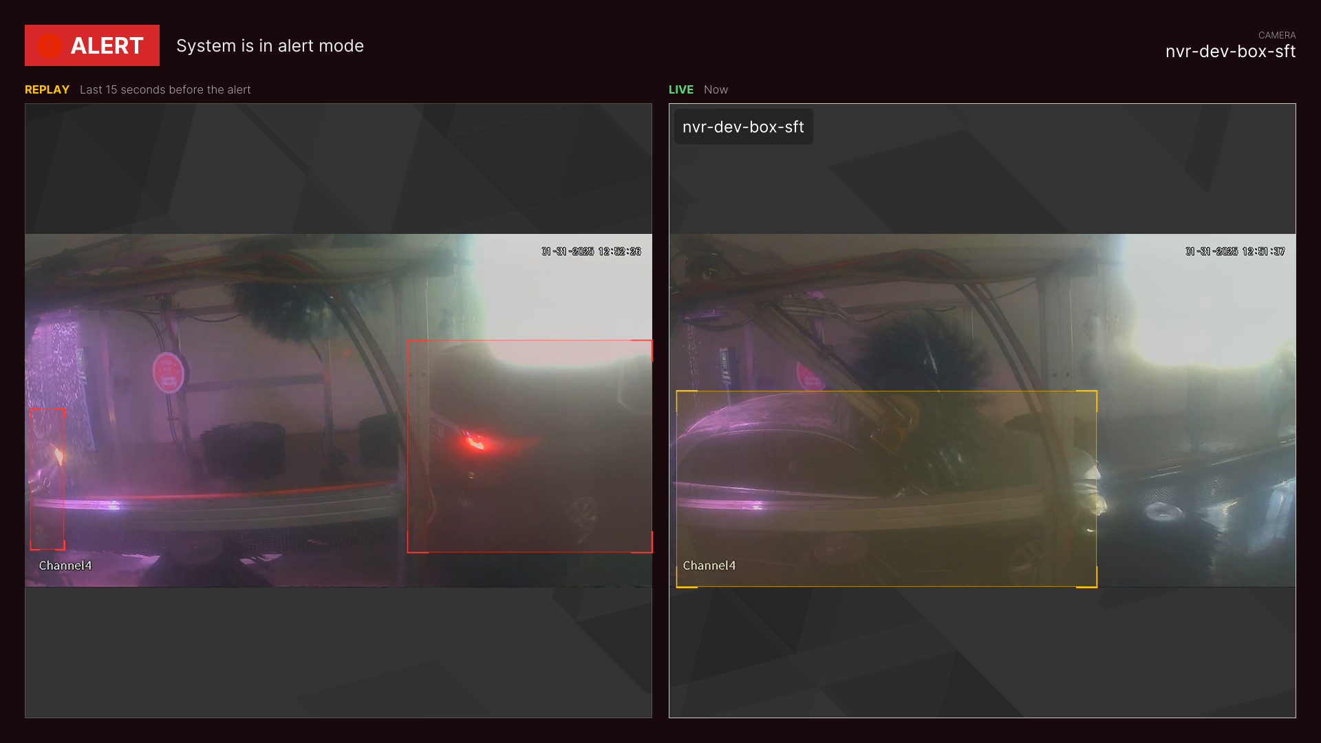 SafeTunnel alert mode with a replay on the left and live video on the right. Red outlines identify vehicles involved in the alert; a yellow outline marks a tracked vehicle in the live view.
